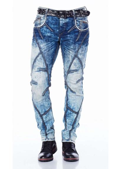 Прямые джинсы с эффектом потертости и декоративными швами.