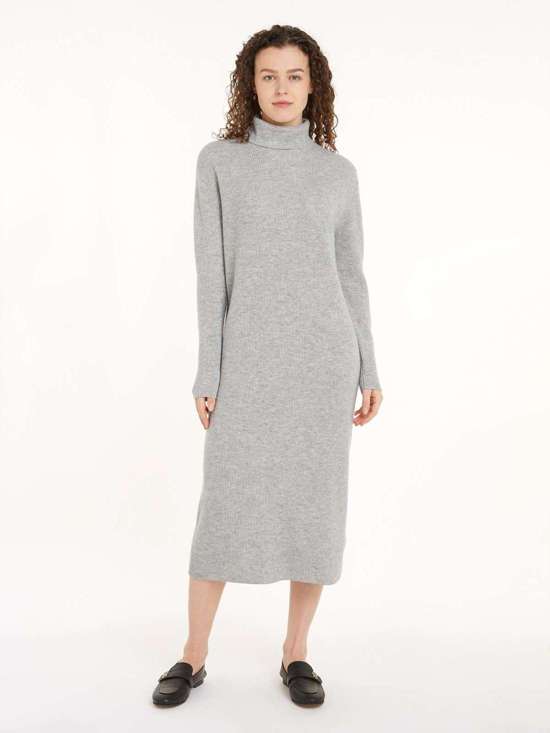 Трикотажное платье с вышивкой логотипа в рубчик. WOOL CASH ROLL-NK LONG DRESS