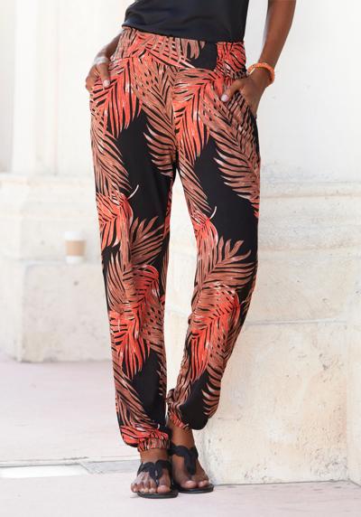 Пляжные брюки с принтом в виде пальмовых листьев и карманами, брюки из легкого и эластичного трикотажа.