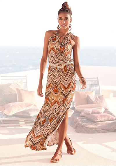 Платье-макси, с модным вырезом в этническом принте, летнее платье, пляжное платье.