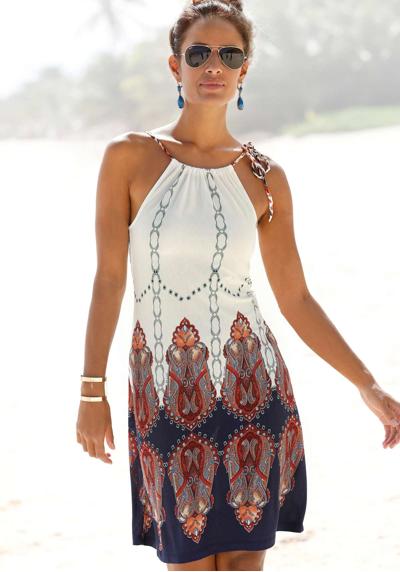 Пляжное платье на плетеных бретелях с принтом по всей поверхности, короткое летнее платье.