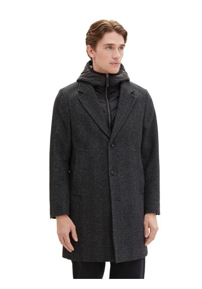 Шерстяное пальто со вставкой из жилета с капюшоном из полиэстера