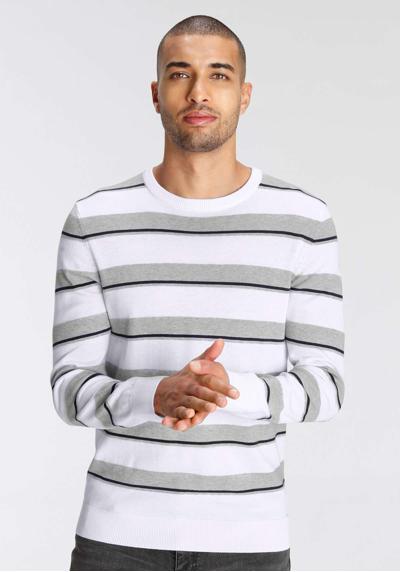 Вязаный свитер с контрастными элементами в полосатый узор.