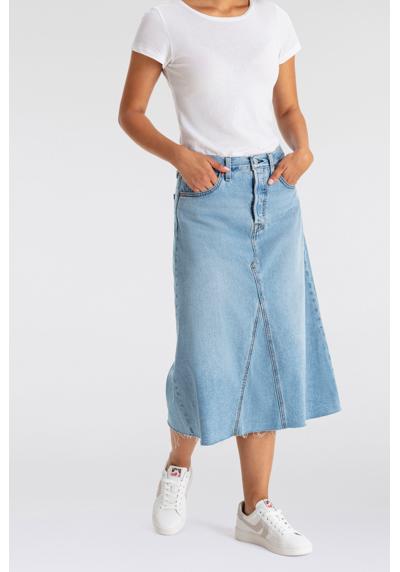 Джинсовая юбка модной длины миди с потертыми краями. HR A LINE DECON SKIRT