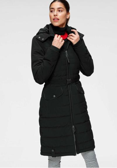 Стеганое пальто, пальто с тисненым логотипом на поясе и съемным уютным капюшоном.
