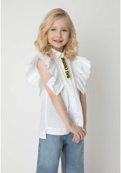 Блузка с короткими рукавами, рюшами и удлиненной спинкой.
