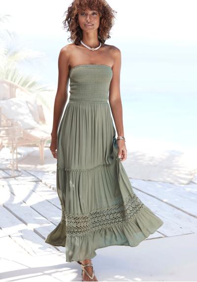Платье-бандо, с кружевными деталями на юбке, летнее платье-макси, пляжное платье.