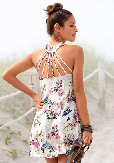 Пляжное платье со специальным бретелем, мини-платье с цветочным принтом, летнее платье.