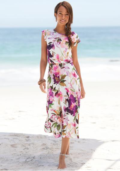 Платье миди, цветочный принт и резинка, летнее платье, пляжное платье.