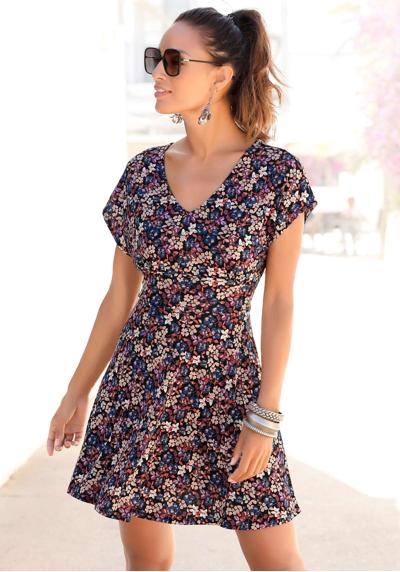 Летнее платье с цветочным принтом и V-образным вырезом, легкое пляжное платье.