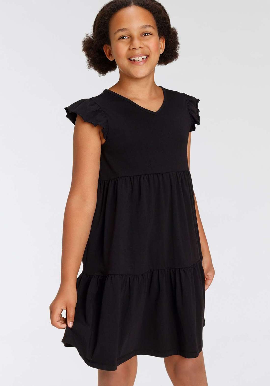 Платье из джерси с милыми рукавами-крылышками и воланами