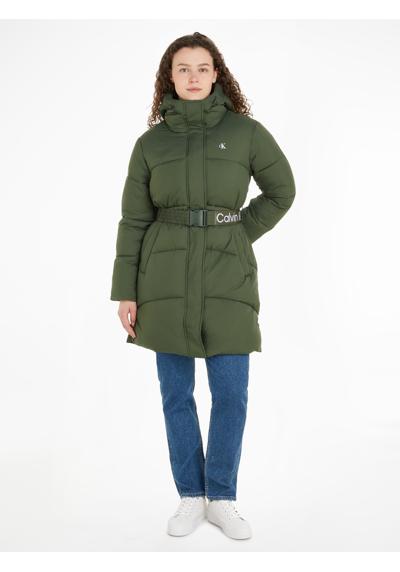 Длинная куртка с капюшоном и поясным ремнем. LOGO BELT LONG PUFFER