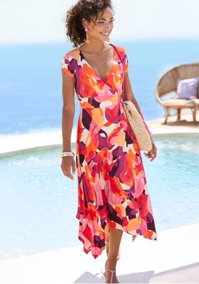 Платье миди со сплошным принтом, воздушное летнее платье с запахом, пляжное платье.