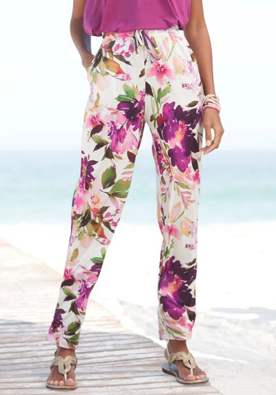 Брюки из джерси с цветочным принтом и эластичным поясом, летние брюки, пляжные брюки.