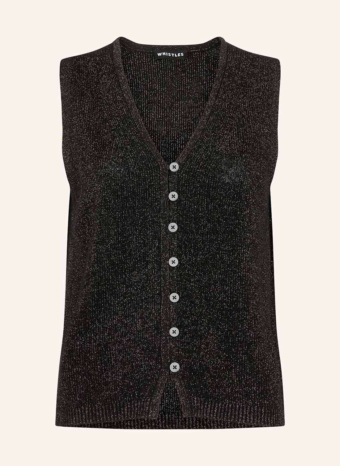 Вязаный жилет из блестящей пряжи.