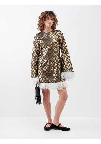 Платье мини Twiggy из парчи с леопардовым принтом и отделкой перьями