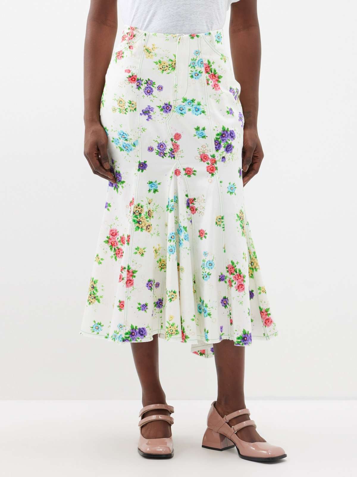 Джинсовая юбка миди с цветочным принтом