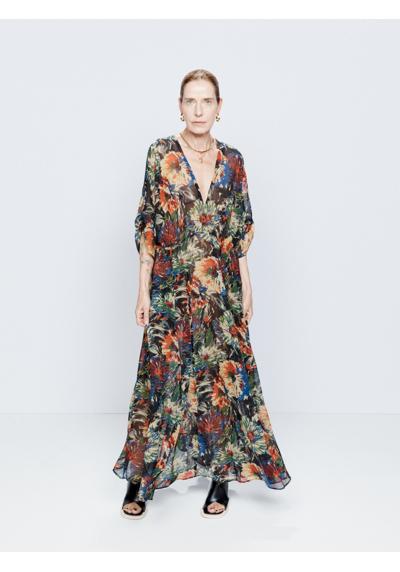Шелковое платье с принтом хризантем и резинкой на талии