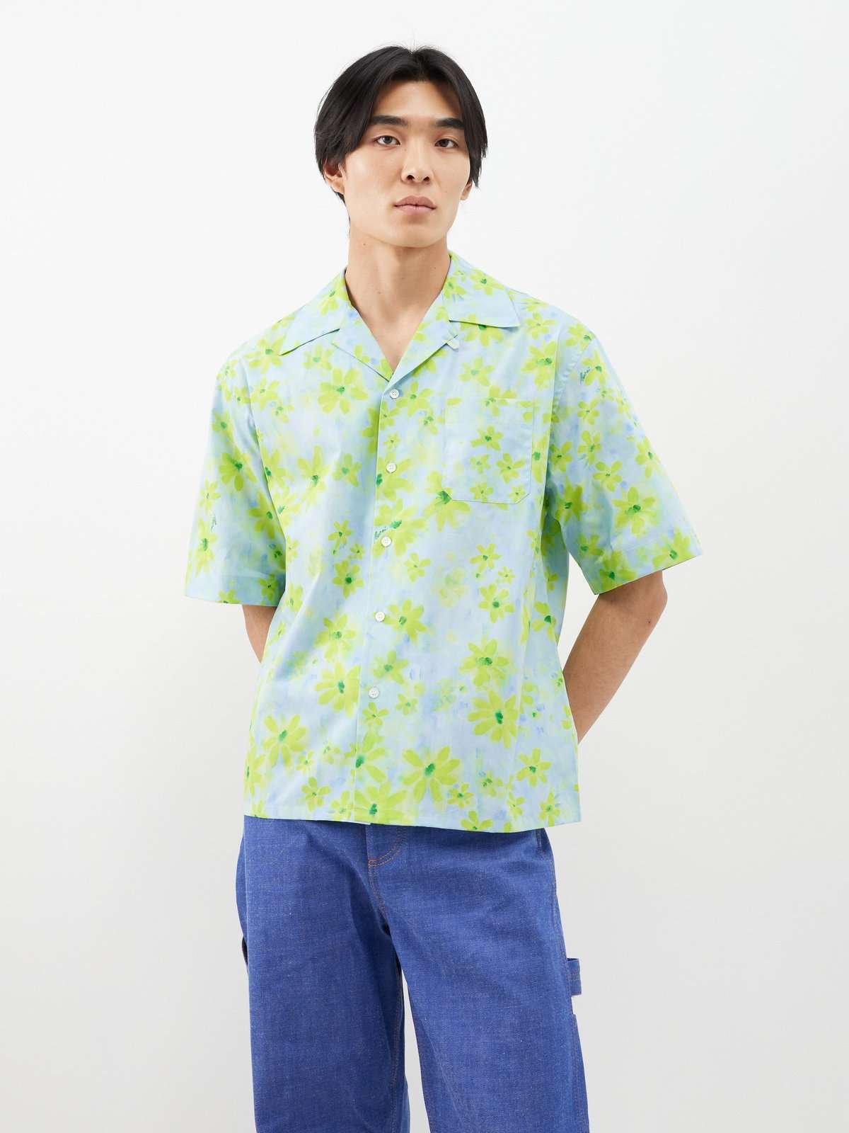 Хлопковая рубашка с короткими рукавами с цветочным принтом
