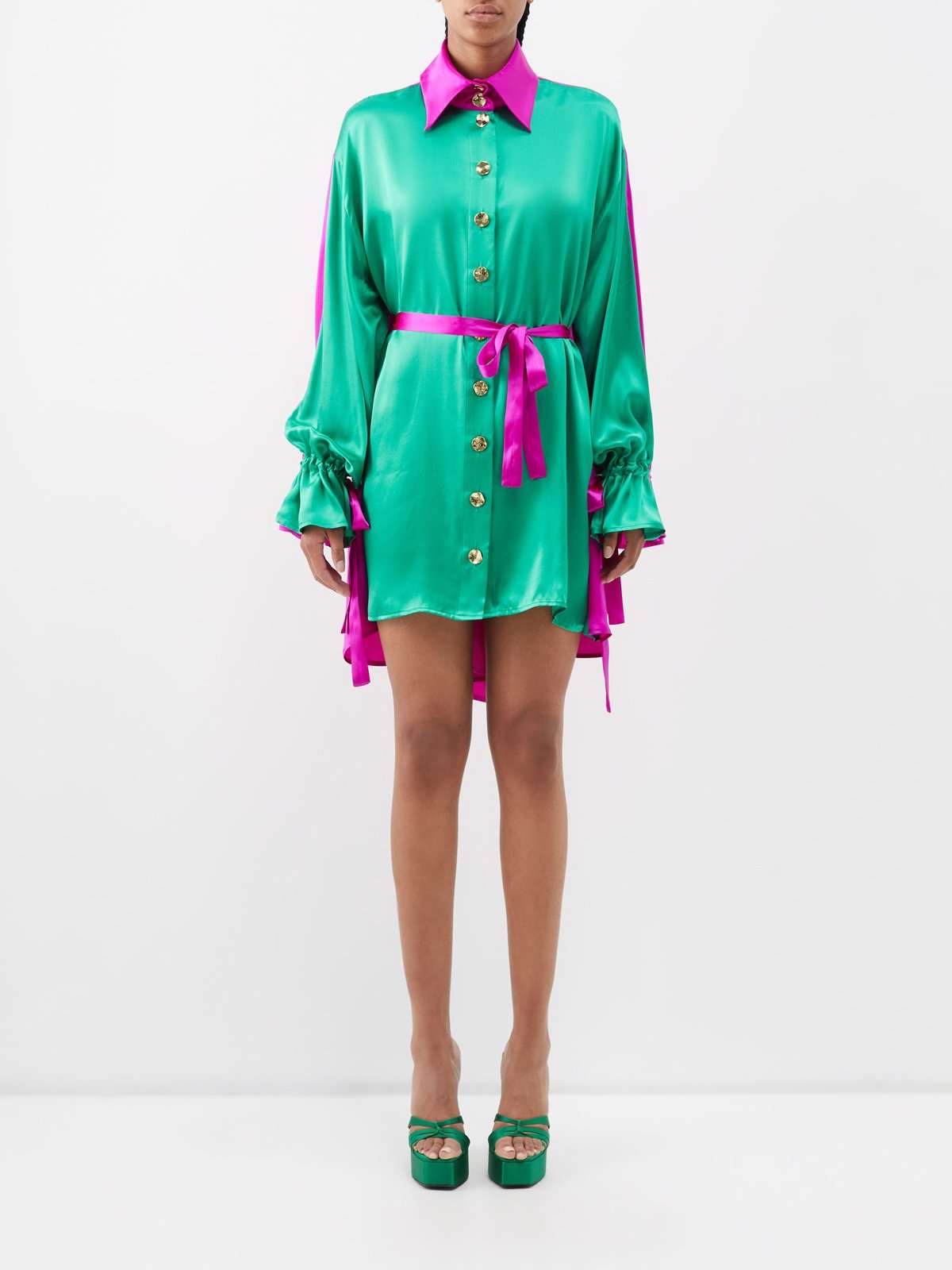 Двухцветное мини-платье из шелкового атласа