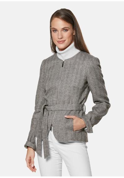 Меланжевый пиджак без воротника с завязывающимся поясом