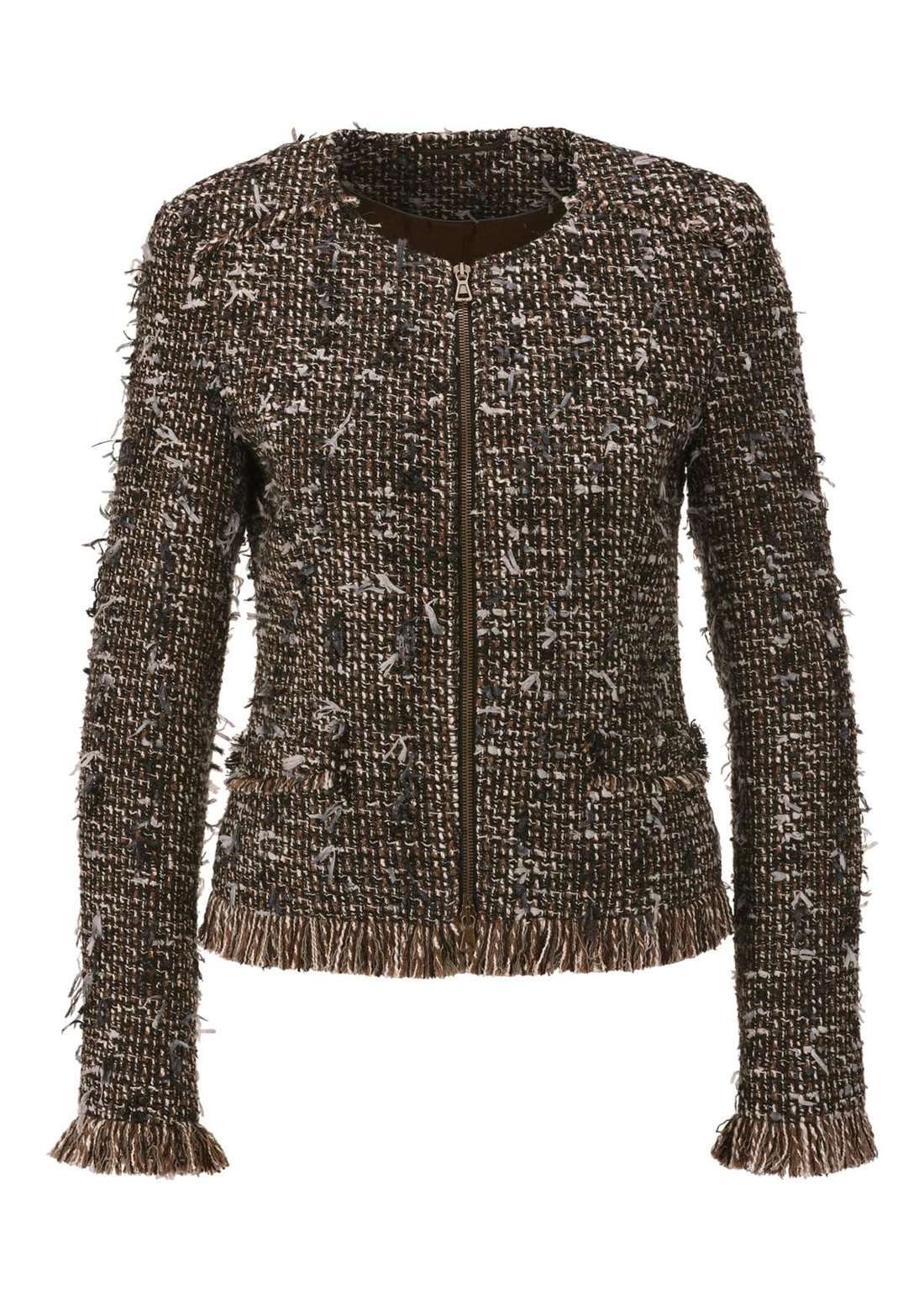 Короткий пиджак без воротника с бахромой