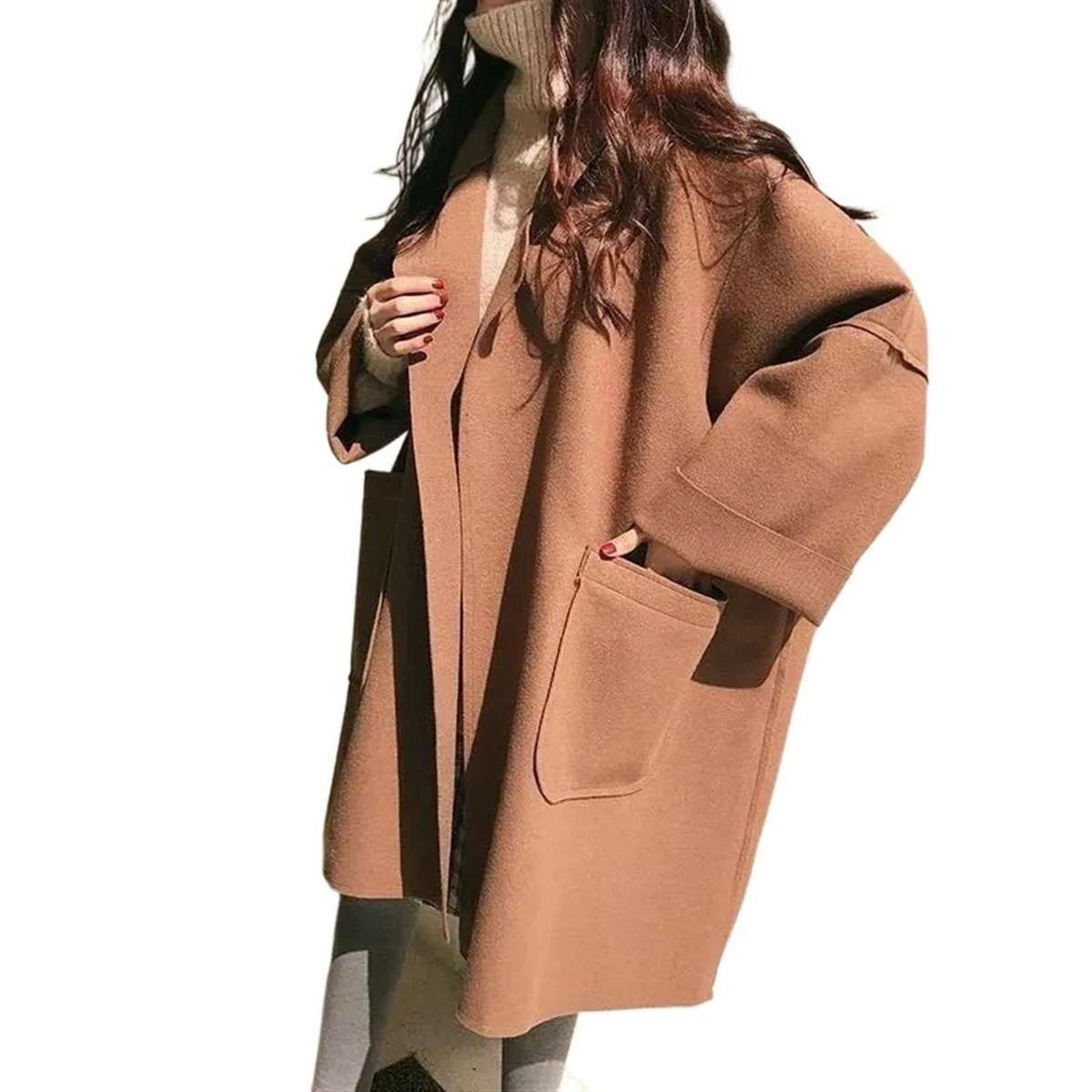 Длинное пальто женский тренч зимний средней длины свободное пальто с отложным воротником
