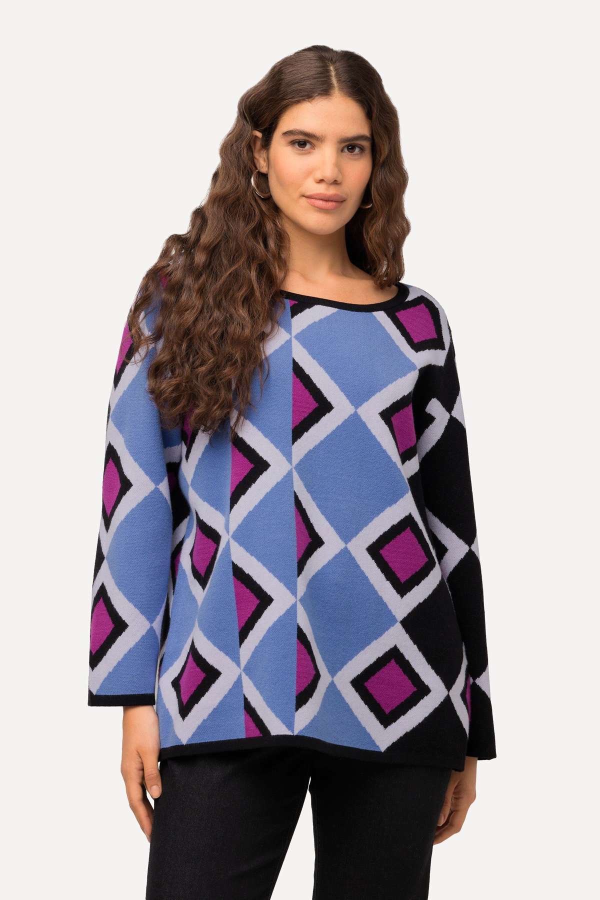 Вязаный свитер пуловер с узором микс-лодочка с длинным рукавом