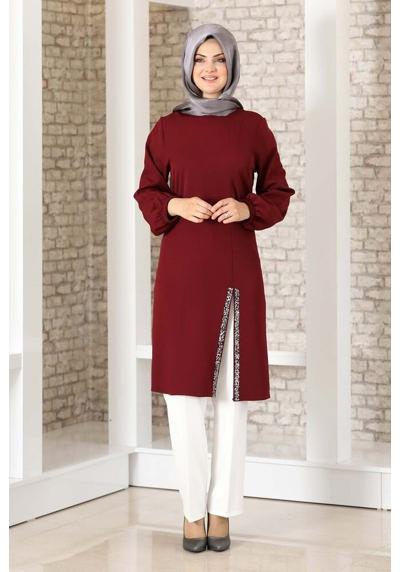 Длинная туника женская туника в хиджабе с разрезом и каменными деталями. Скромная модная каменная деталь.
