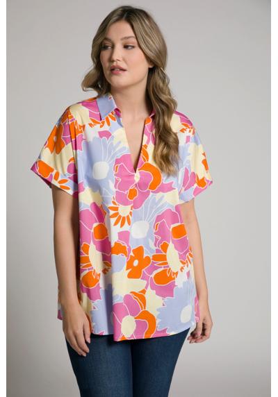 Блуза-туника с винтажными цветами, воротник рубашки А-силуэта, половина рукава