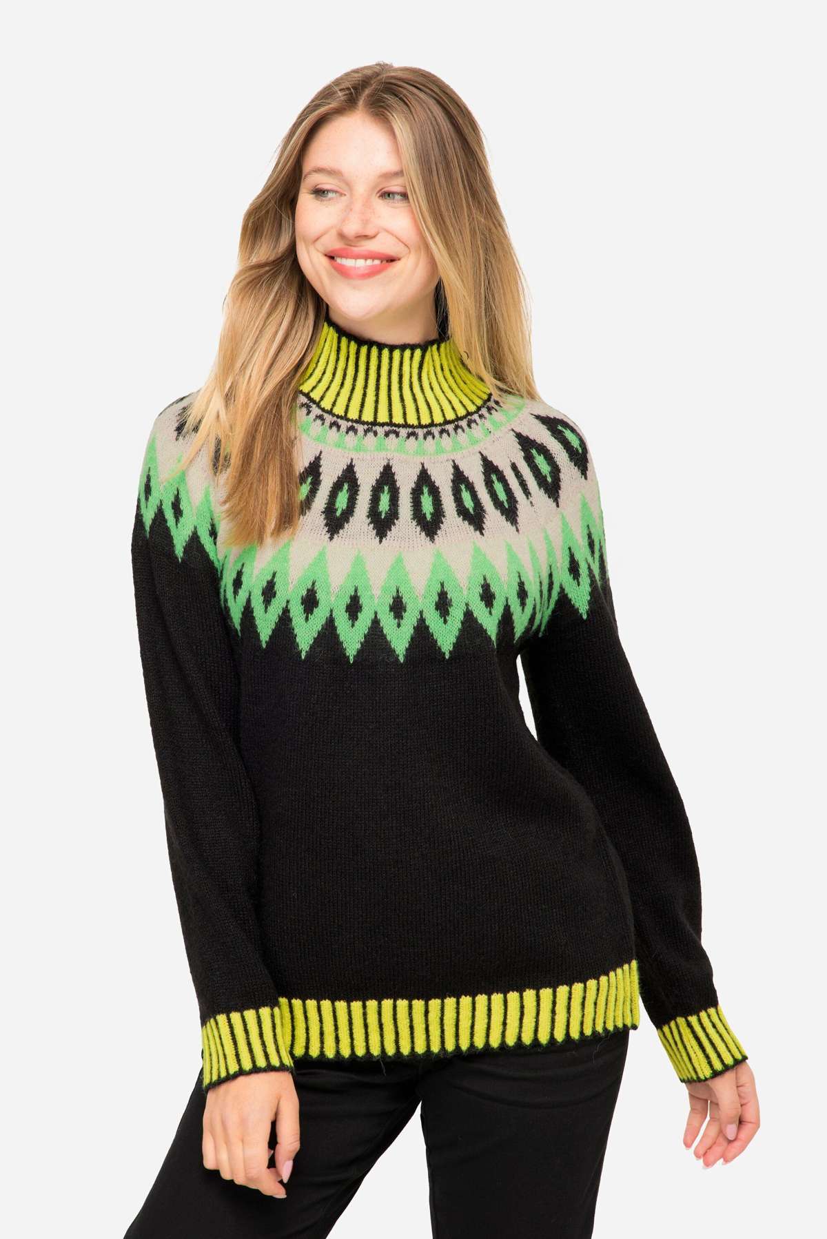 Вязаный свитер, норвежский свитер, содержание шерсти, воротник стойка, длинный рукав.