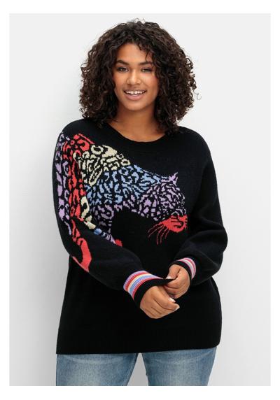 Вязаный свитер больших размеров с животным мотивом и рукавами-фонариками.