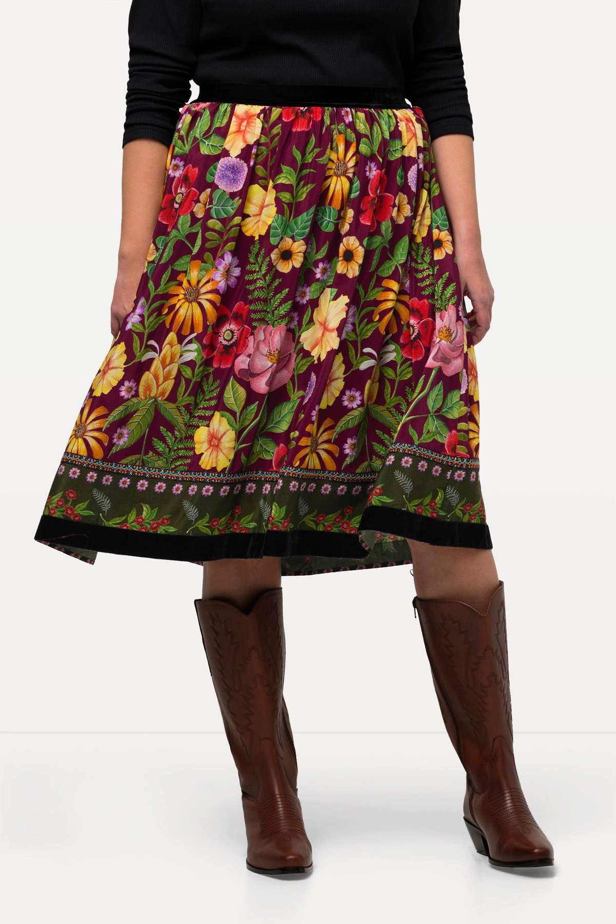 Кожаная юбка-юбка с цветами А-силуэта, бархатный эластичный пояс, бархатная подол
