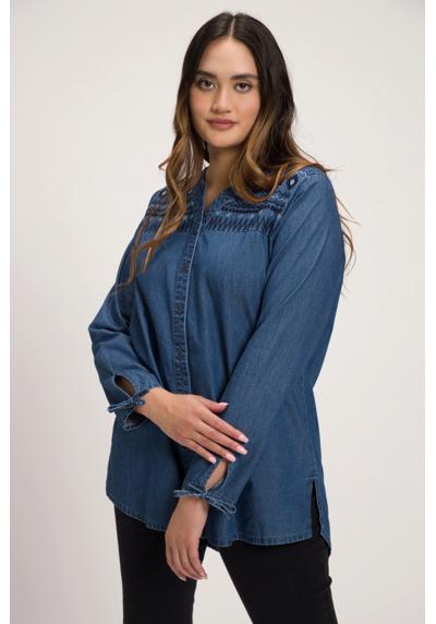 Туника джинсовая блузка с вышивкой, туника с вырезом и длинными рукавами