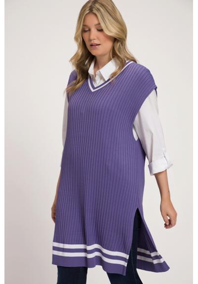 Вязаный свитер пуловер в полоску ребристой вязки V-образный вырез без рукавов