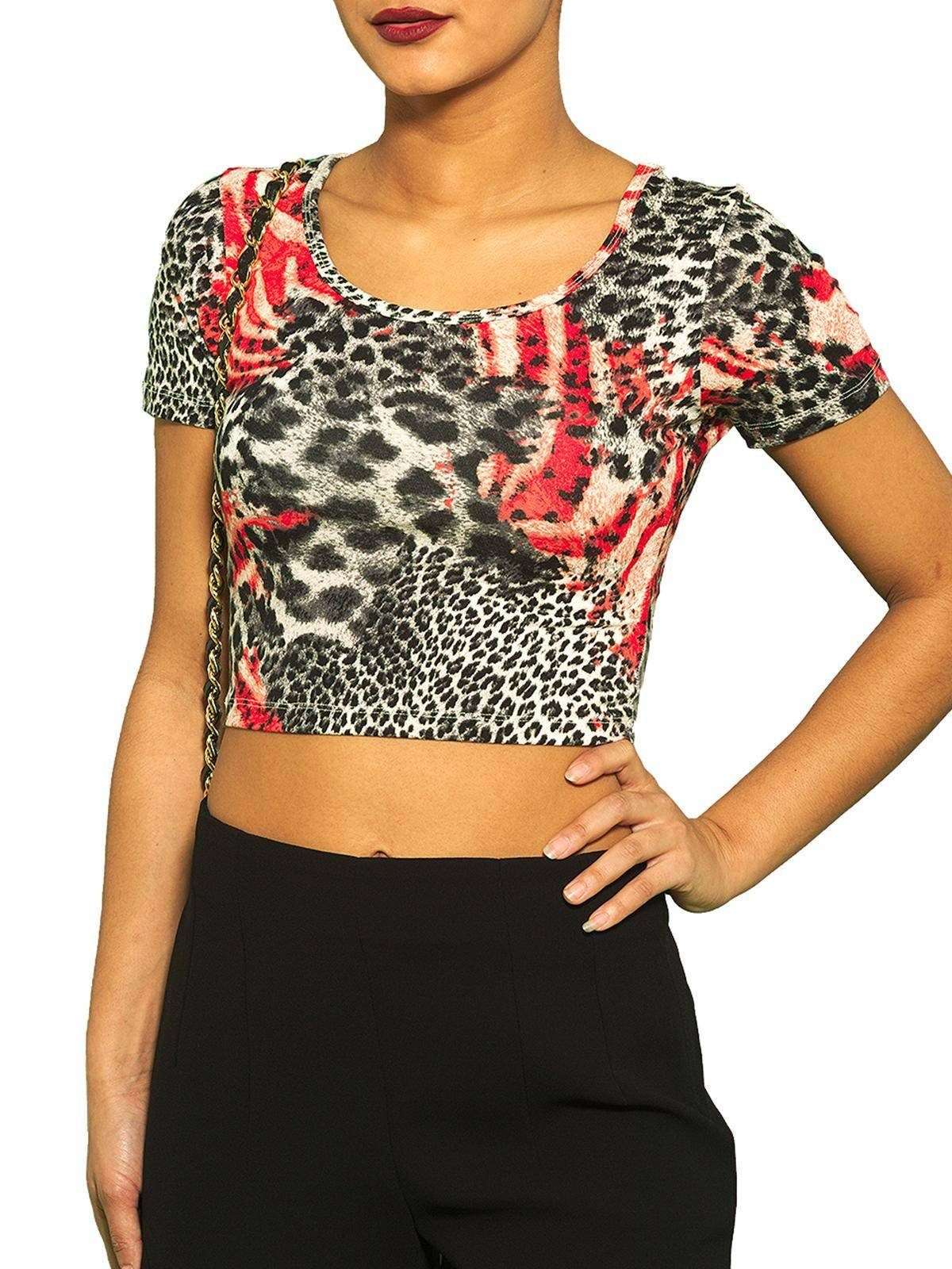 Укороченный топ, рубашка с круглым вырезом, короткими рукавами и леопардовым принтом