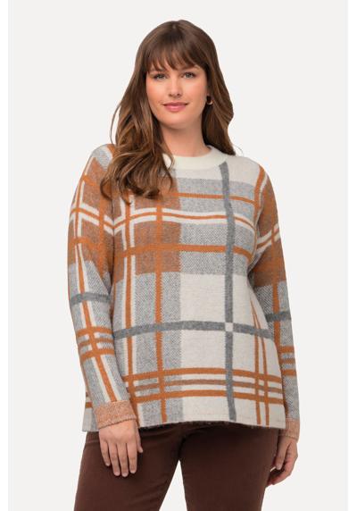 Вязаный свитер-пуловер в клетку с круглым вырезом и длинными рукавами