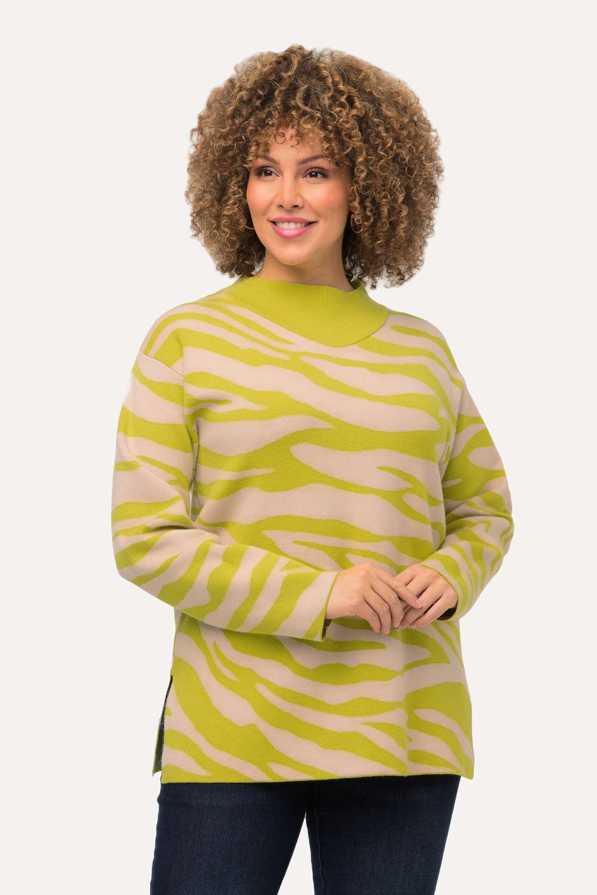 Вязаный пуловер с узором «зебра», воротник стойка, длинный рукав