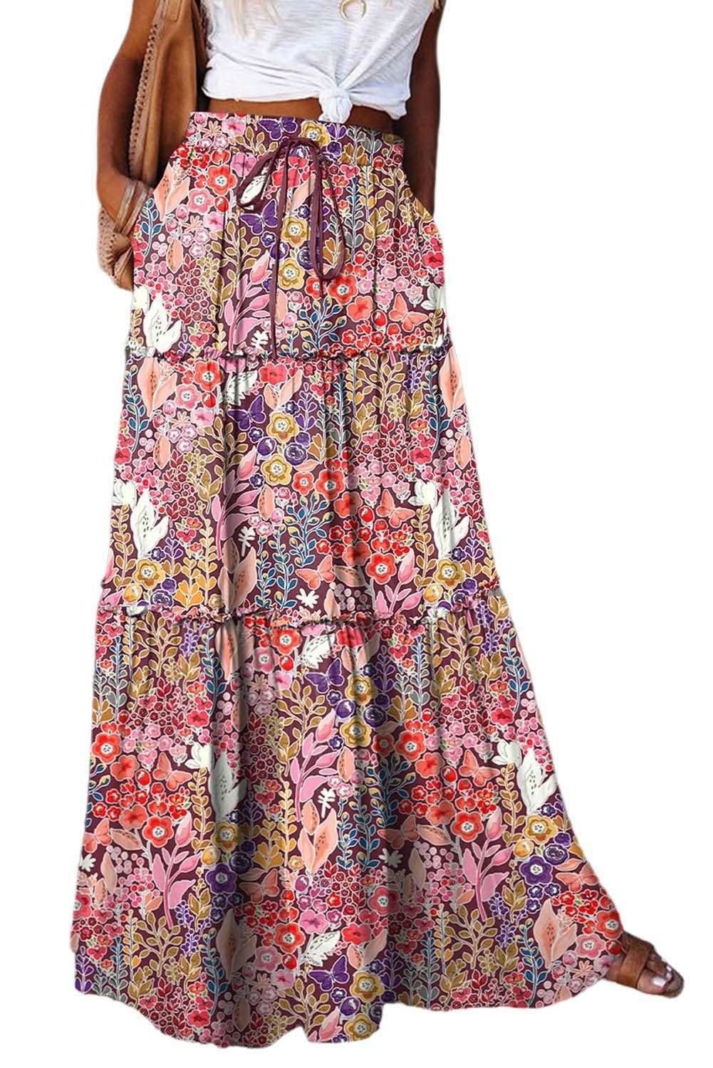 Юбка-майка 2-в-1, женская длинная женская длинная юбка в стиле бохо с цветочным принтом, высокой эластичной резинкой на талии и карманами
