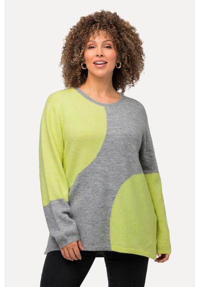 Вязаный свитер, пуловер с колор-блоками, круглым вырезом и длинными рукавами