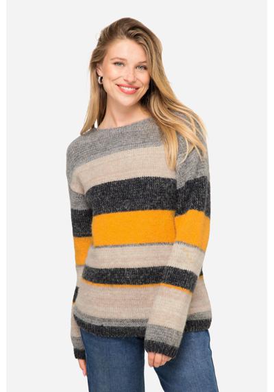 Флисовый пуловер, полосатая вязка, содержание шерсти, круглый вырез горловины, длинный рукав.