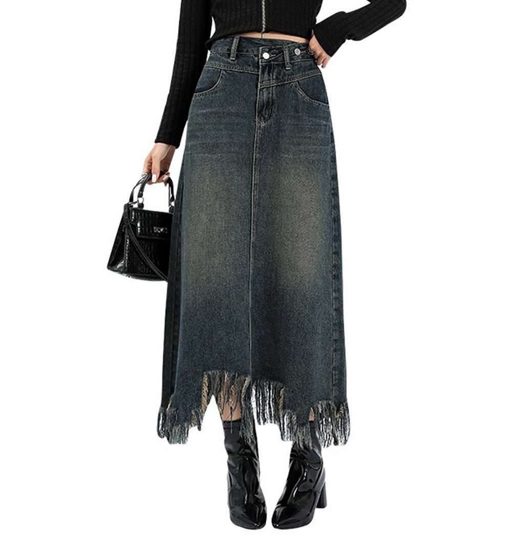 Юбка А-силуэта, женская юбка с разрезом и бахромой, джинсовая юбка с завышенной талией, юбка миди
