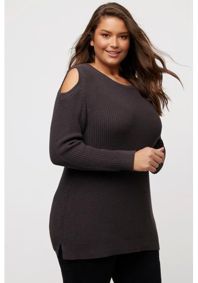 Вязаный пуловер-свитер лакированной вязки с вырезами, круглым вырезом и длинными рукавами