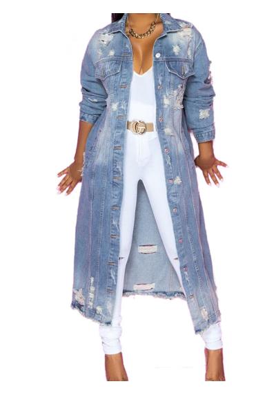 Длинное пальто женская длинная рваная джинсовая куртка синего цвета (1 шт.