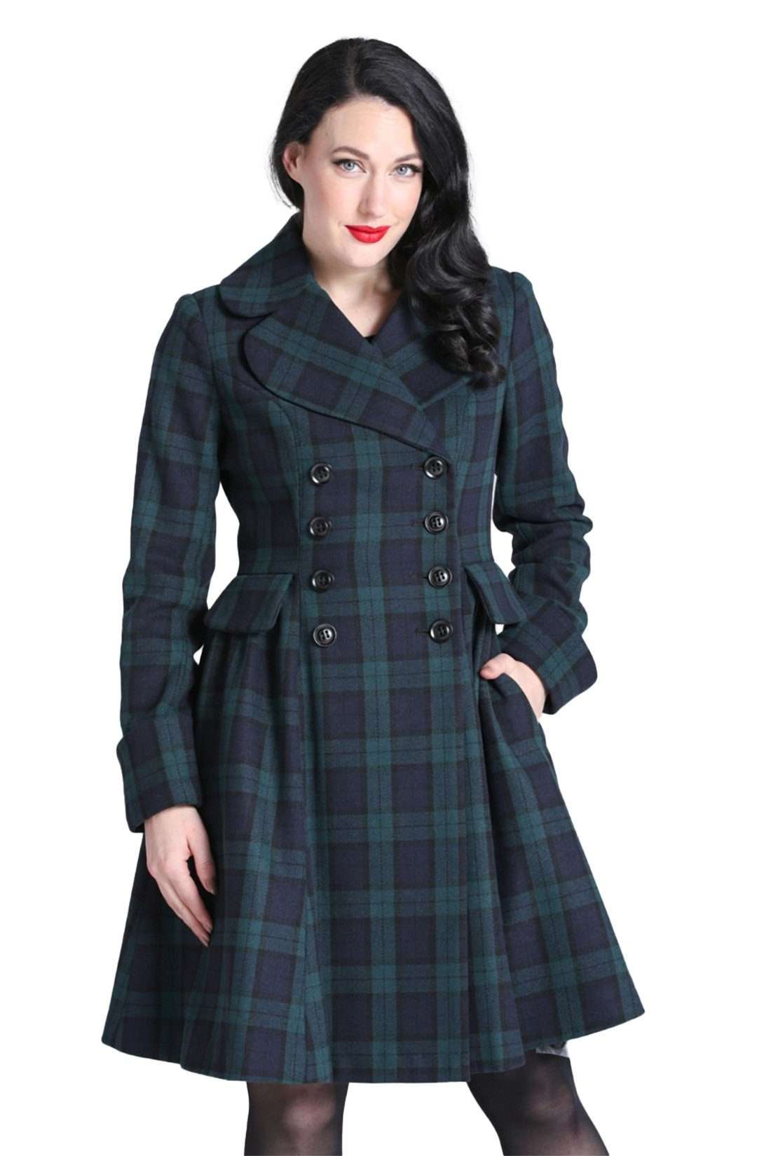 Зимнее пальто Alessandra Tartan Green в клетку в стиле ретро, винтажное зимнее пальто