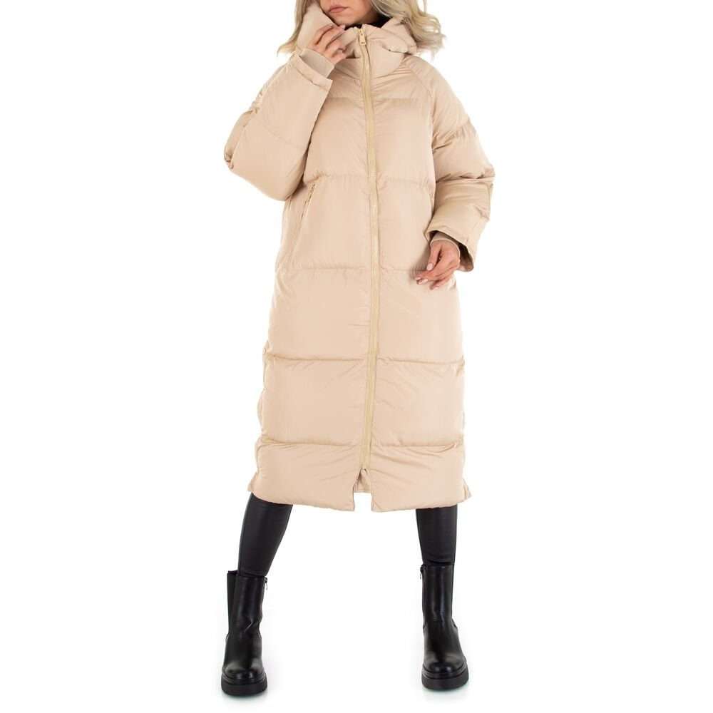Зимнее пальто женское для досуга с капюшоном на подкладке бежевого цвета
