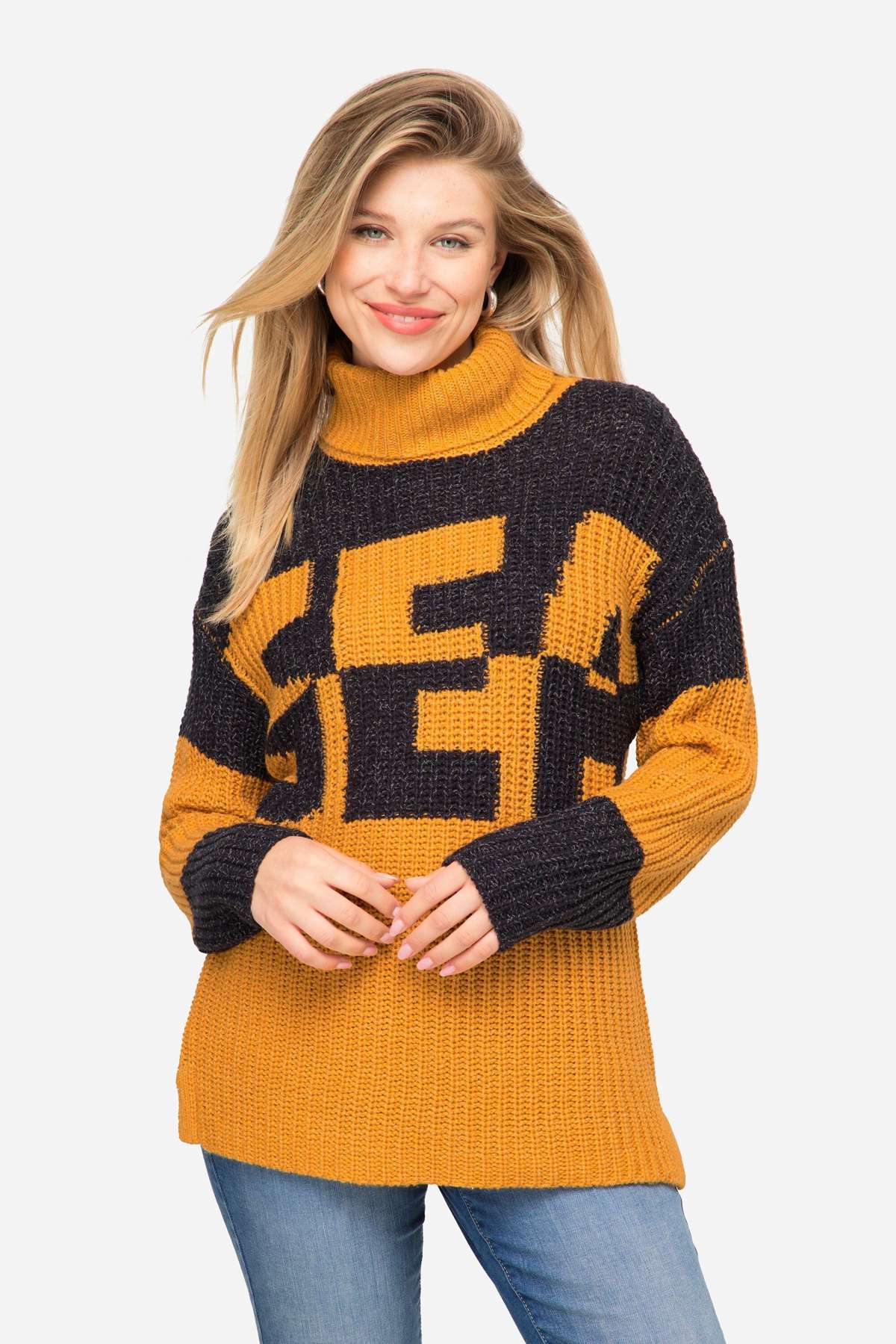Вязаный свитер-пуловер с колор-блоком надпись SEA двухцветный