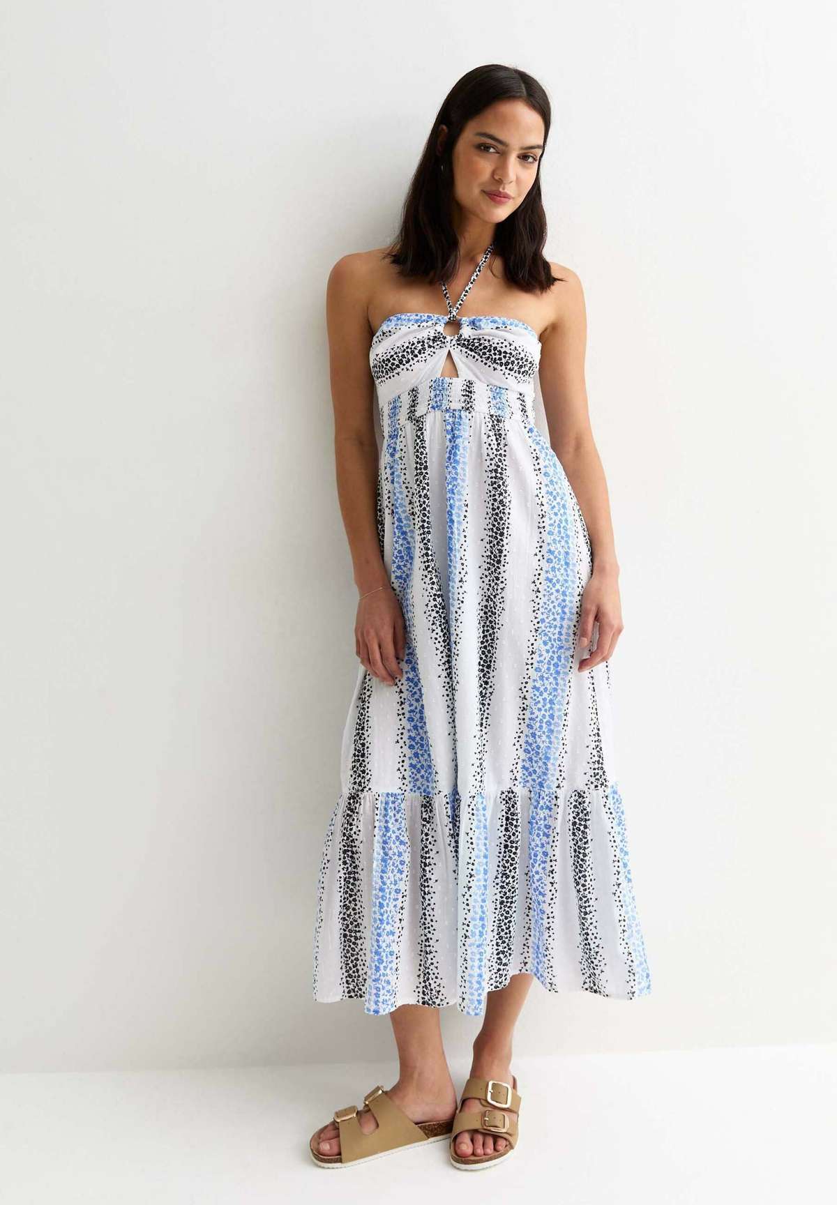 Платье STRIPE FLORAL SHIRRED HALTER NECK MIDI