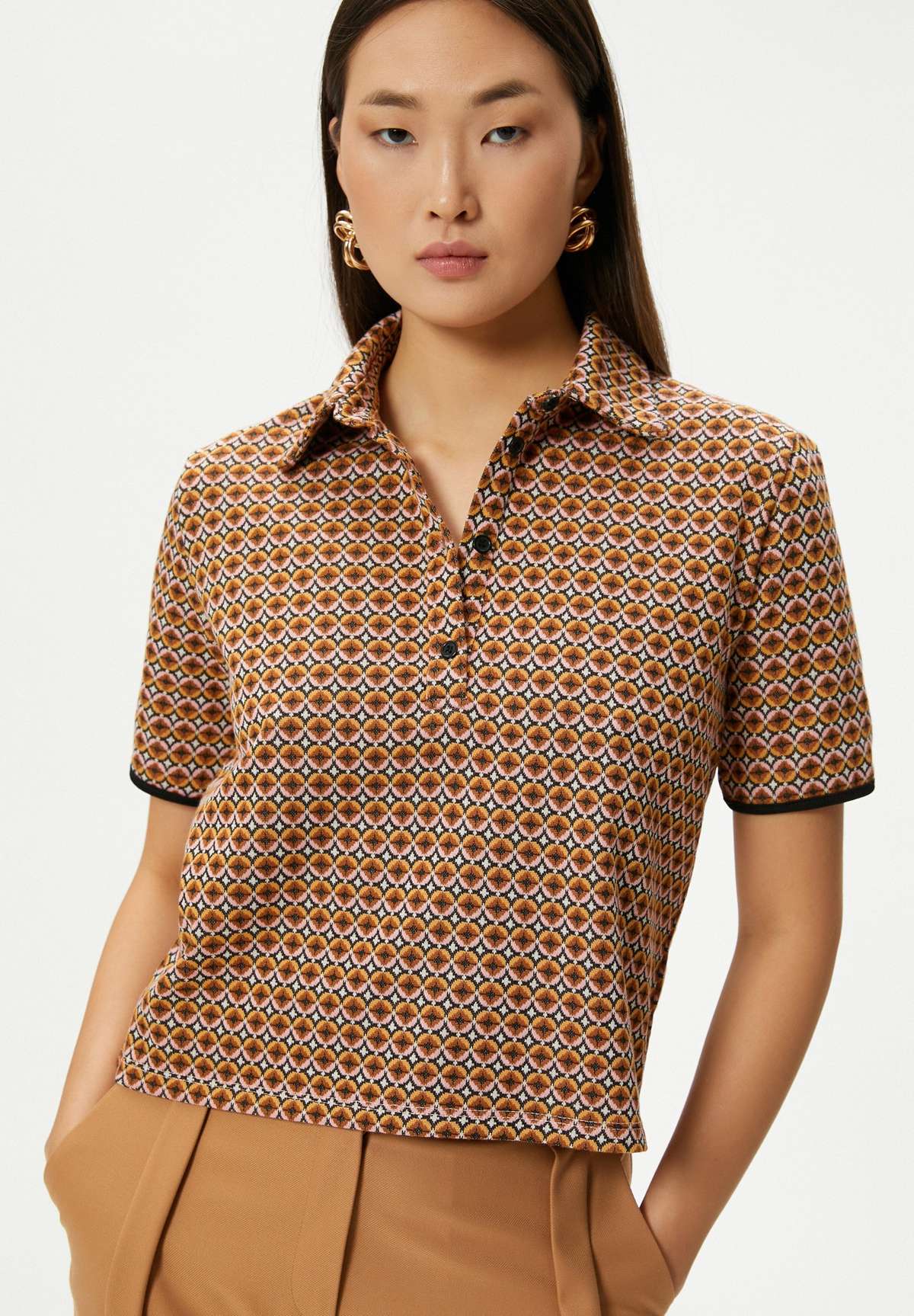 Кофта-поло GEOMETRIC PATTERNED BUTTONED SHORT SLEEVE NECK